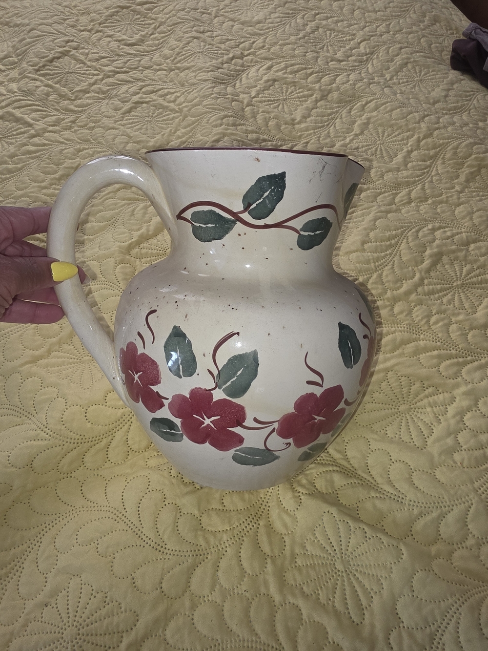 Cream Ceramic Pitcher with Red Floral Design